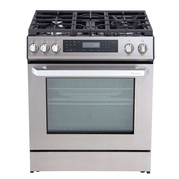 Cocina a gas Rangaire de 30 pulgadas, freidora de aire autolimpiable, horno de convección real, acero inoxidable deslizable RRG303GS