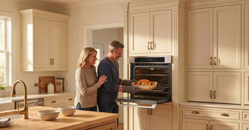 A man removing roasted food from a wall oven while a woman stands beside him in a warm cream kitchen.
