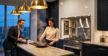 A man holding a wine glass while a woman cooks steaks on a kitchen island with brass pendant lights above.